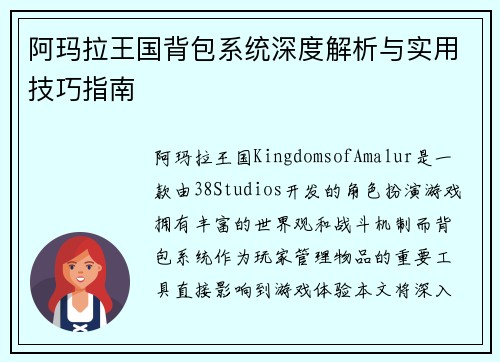 阿玛拉王国背包系统深度解析与实用技巧指南